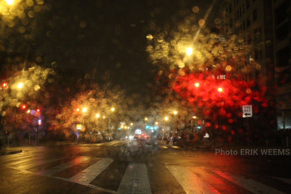 Red and Yellow lights of Washington DC in the rain