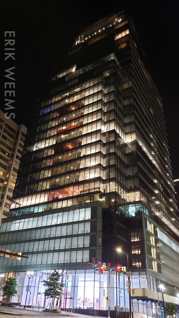 In Arlington Business Tower at night July 2021