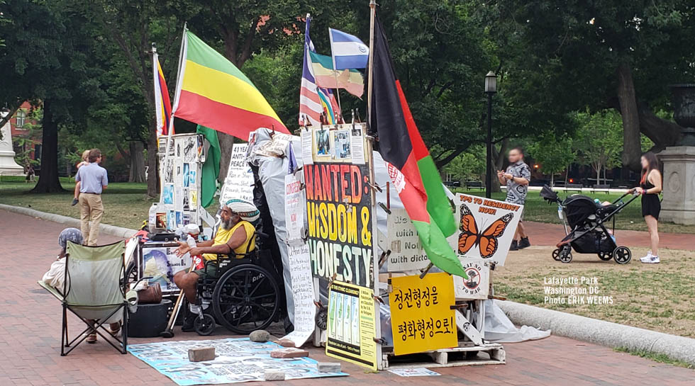 Lafayette Park Protest Camp Tent with signs